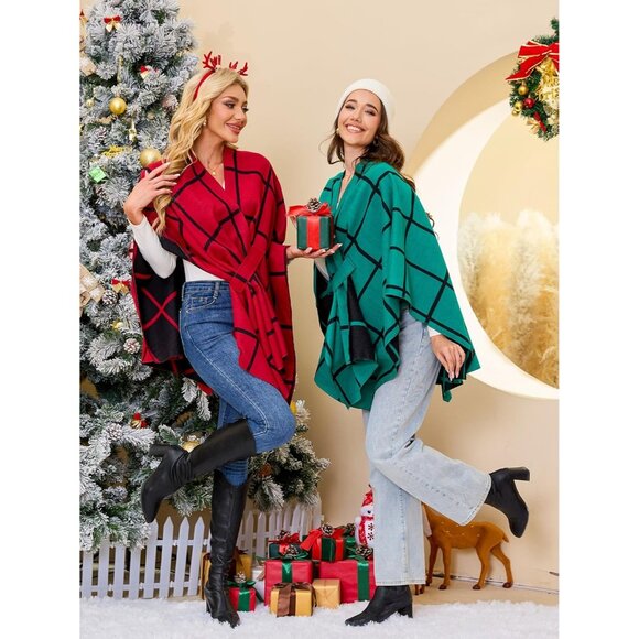 Women Shawl Wrap Poncho Ruana Cape Open Front Cardigan Fall Winter Green Black - Picture 3 of 6